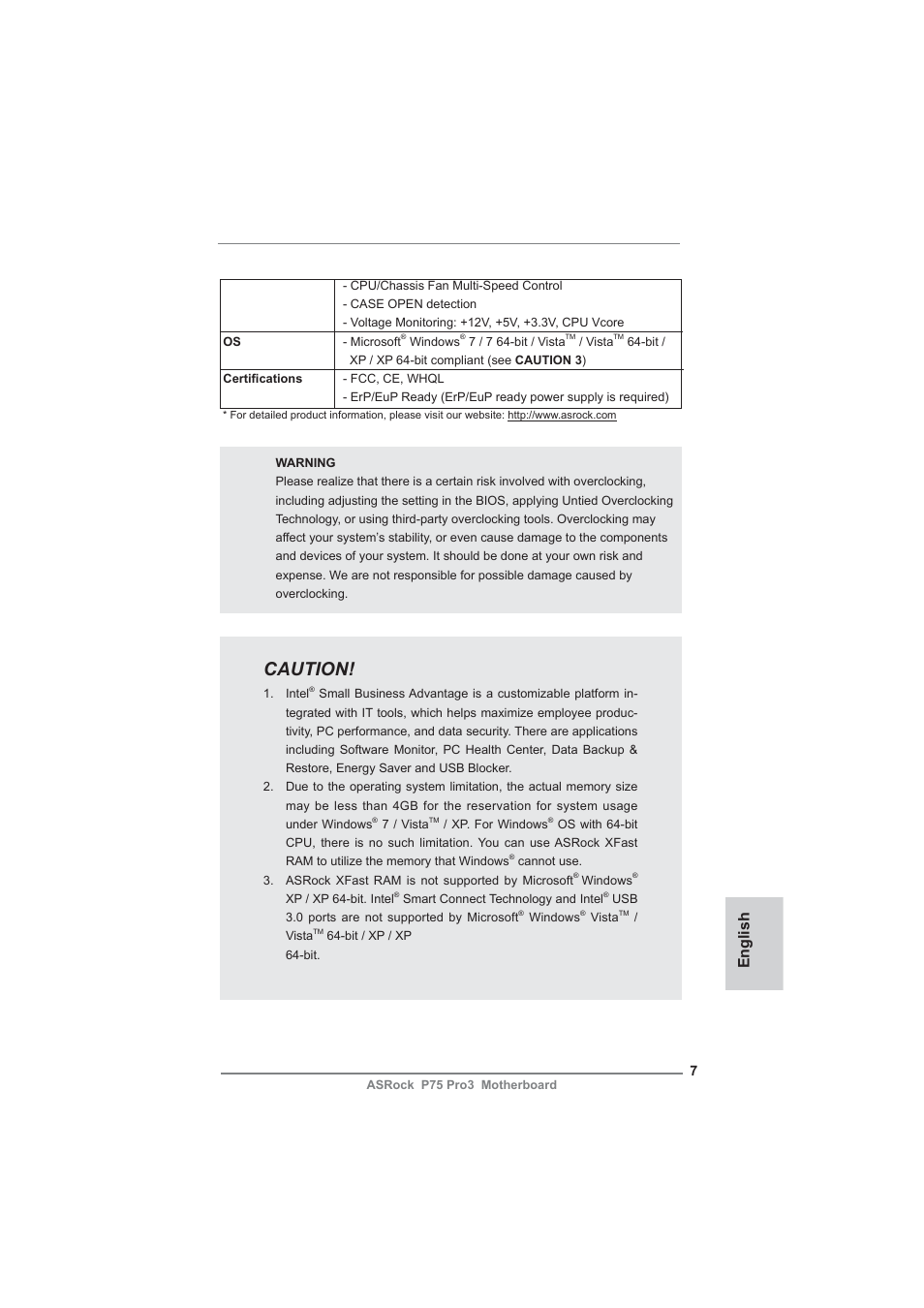 Caut ion, English | ASRock P75 Pro3 User Manual | Page 7 / 151
