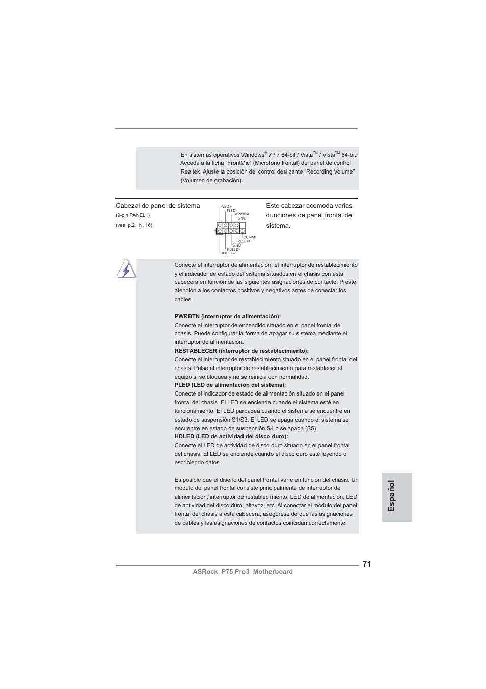 Español | ASRock P75 Pro3 User Manual | Page 71 / 151