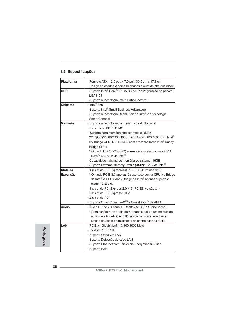 Português 1.2 especifi cações | ASRock P75 Pro3 User Manual | Page 86 / 151