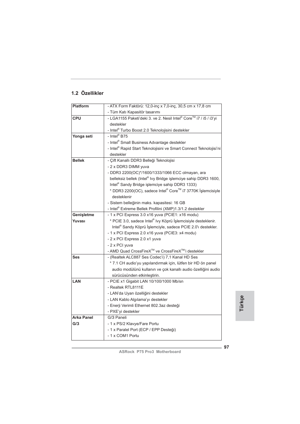 Türkçe 1.2 özellikler | ASRock P75 Pro3 User Manual | Page 97 / 151