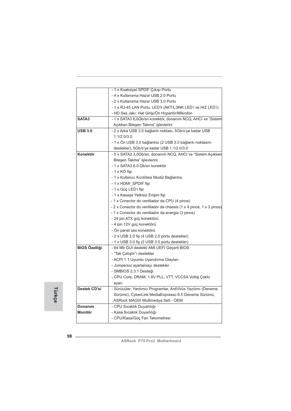 Türkçe | ASRock P75 Pro3 User Manual | Page 98 / 151