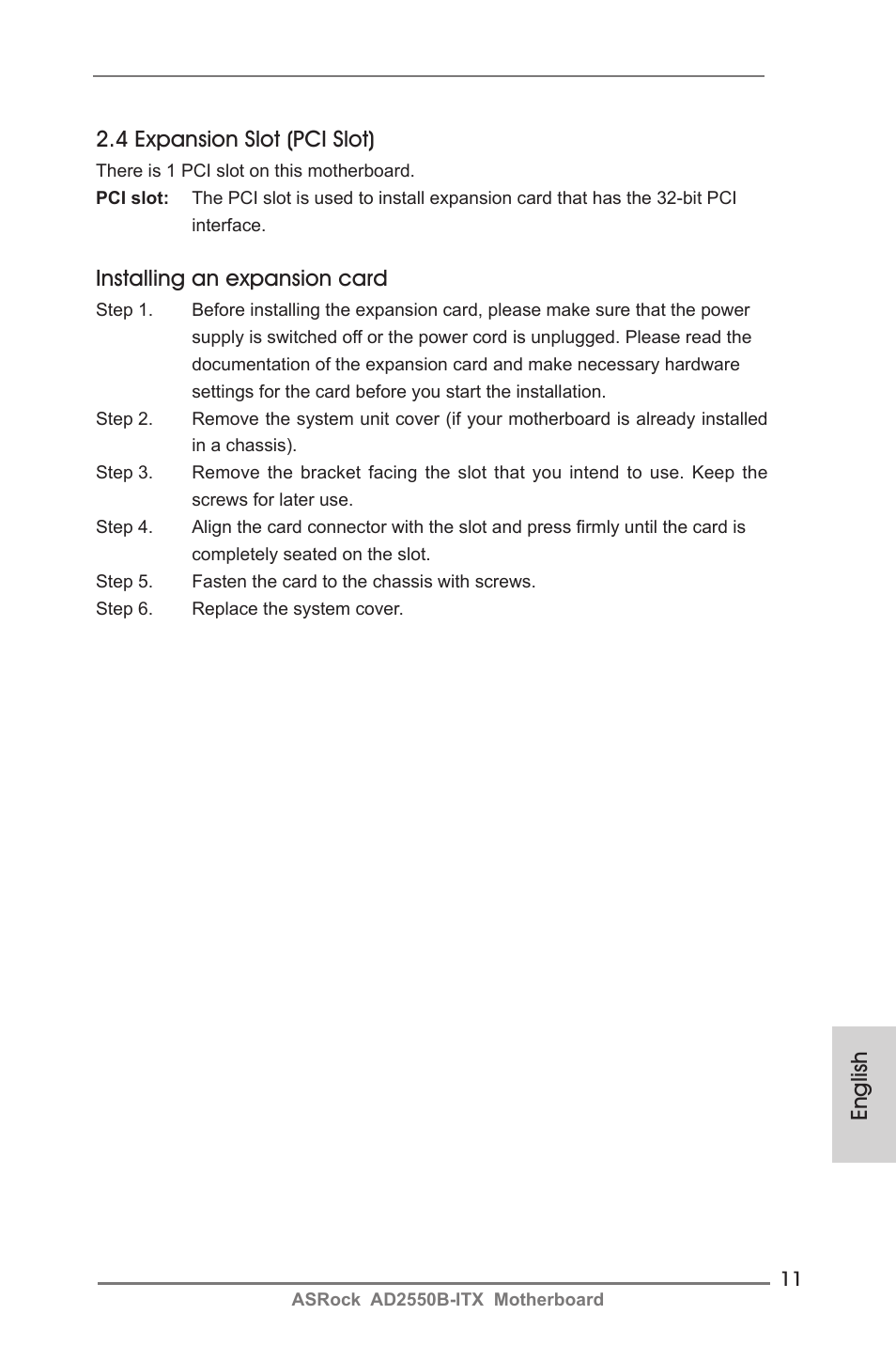 English 2.4 expansion slot (pci slot), Installing an expansion card | ASRock AD2550B-ITX User Manual | Page 11 / 140