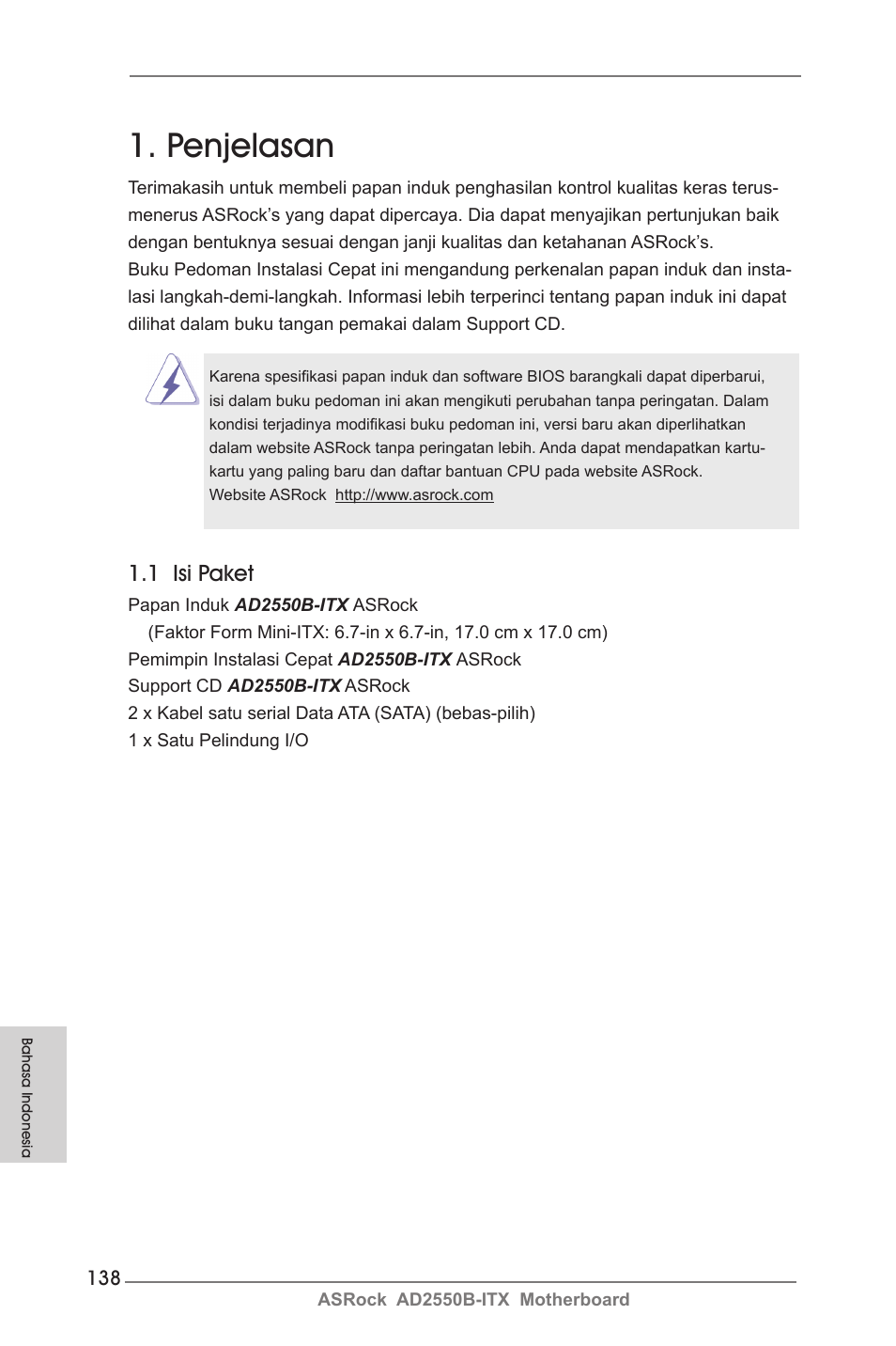 Indonesian, Penjelasan, 1 isi paket | ASRock AD2550B-ITX User Manual | Page 138 / 140