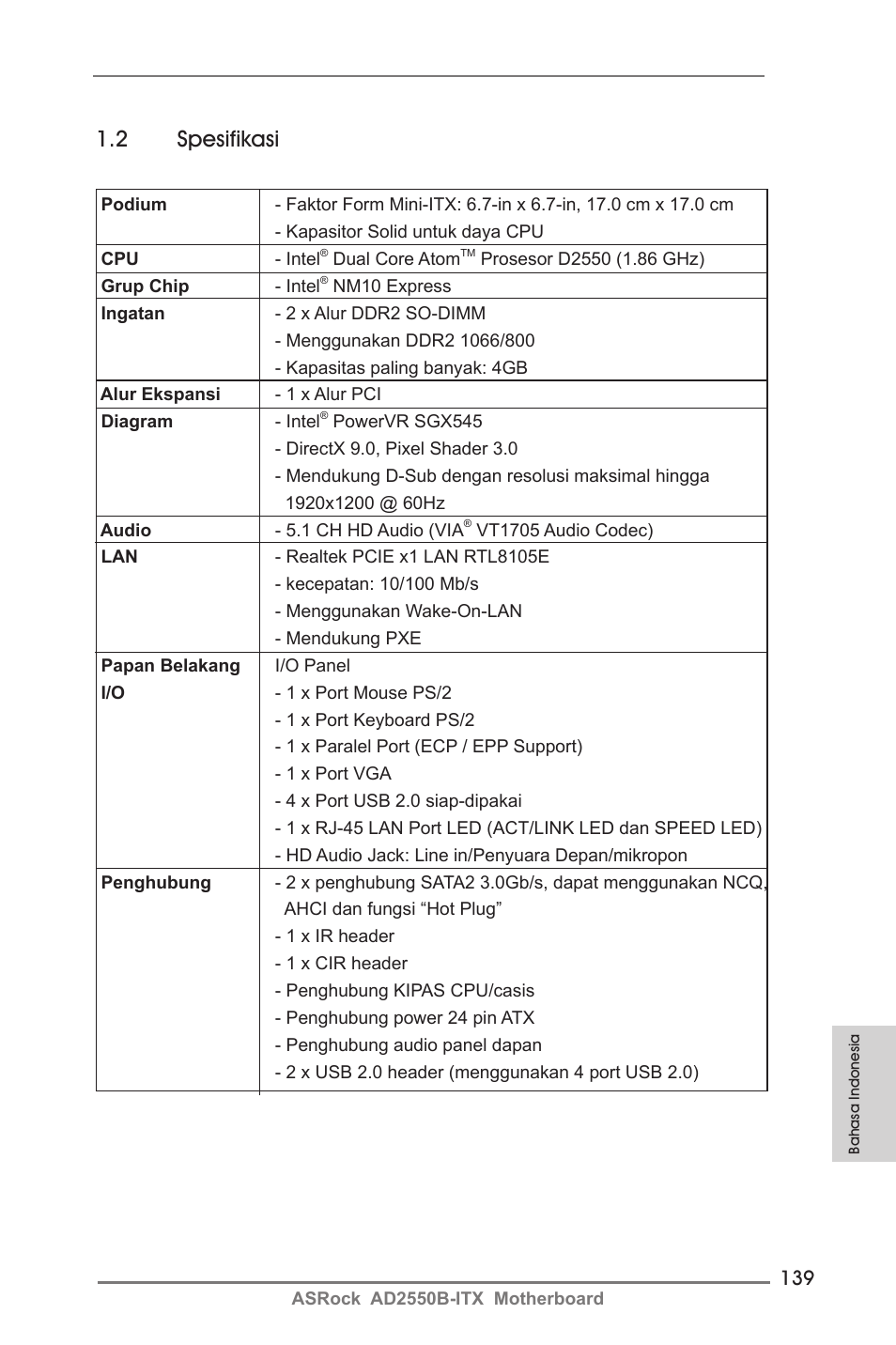 2 spesifikasi | ASRock AD2550B-ITX User Manual | Page 139 / 140