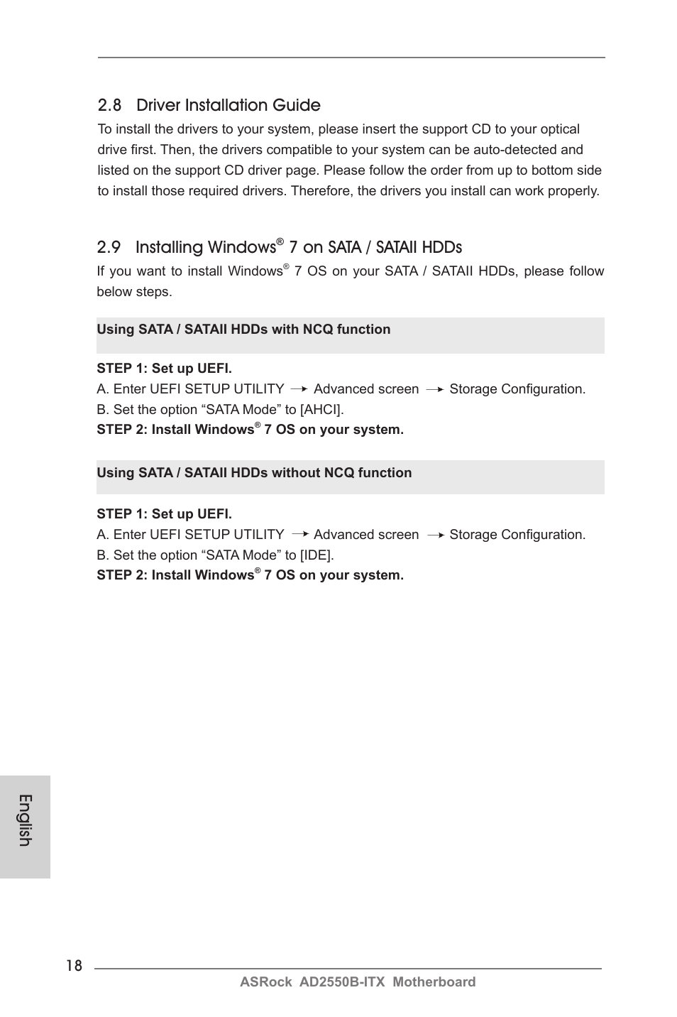 English 2.8 driver installation guide, 9 installing windows, 7 on sata / sataii hdds | ASRock AD2550B-ITX User Manual | Page 18 / 140