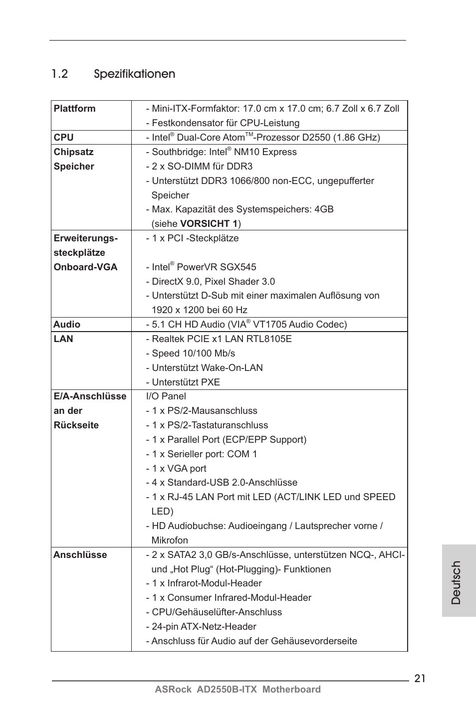 Deutsch 1.2 spezifikationen | ASRock AD2550B-ITX User Manual | Page 21 / 140