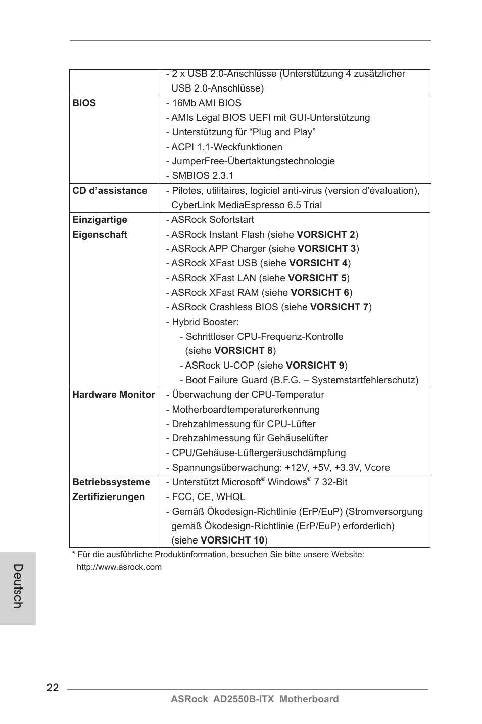 Deutsch | ASRock AD2550B-ITX User Manual | Page 22 / 140