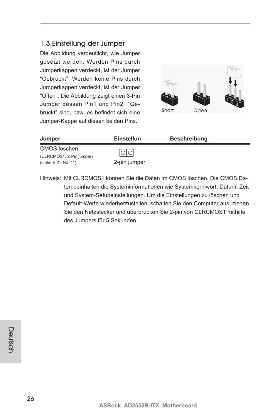 Deutsch 1.3 einstellung der jumper | ASRock AD2550B-ITX User Manual | Page 26 / 140