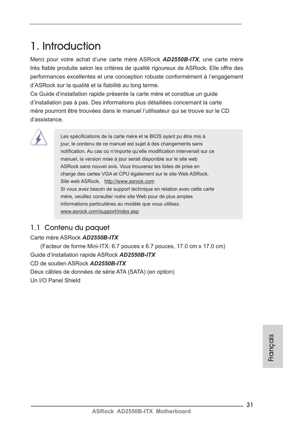 French, Introduction, 1 contenu du paquet | Français | ASRock AD2550B-ITX User Manual | Page 31 / 140