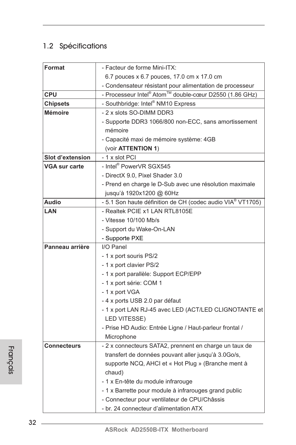 2 spécifications, Français | ASRock AD2550B-ITX User Manual | Page 32 / 140