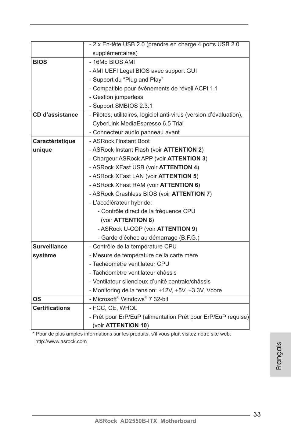 Français | ASRock AD2550B-ITX User Manual | Page 33 / 140