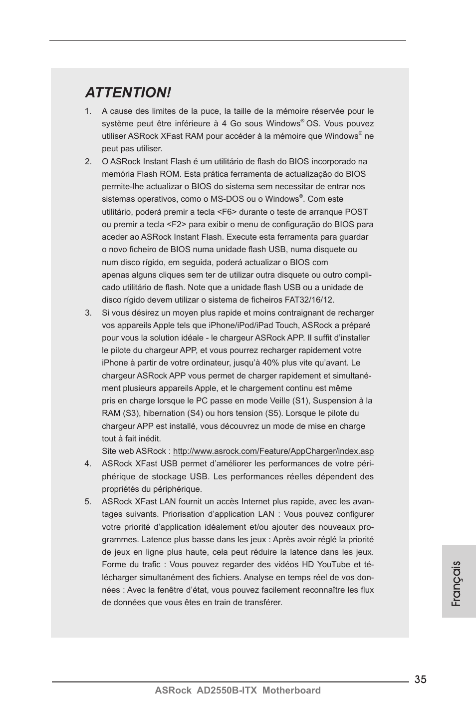 Attention, Français | ASRock AD2550B-ITX User Manual | Page 35 / 140