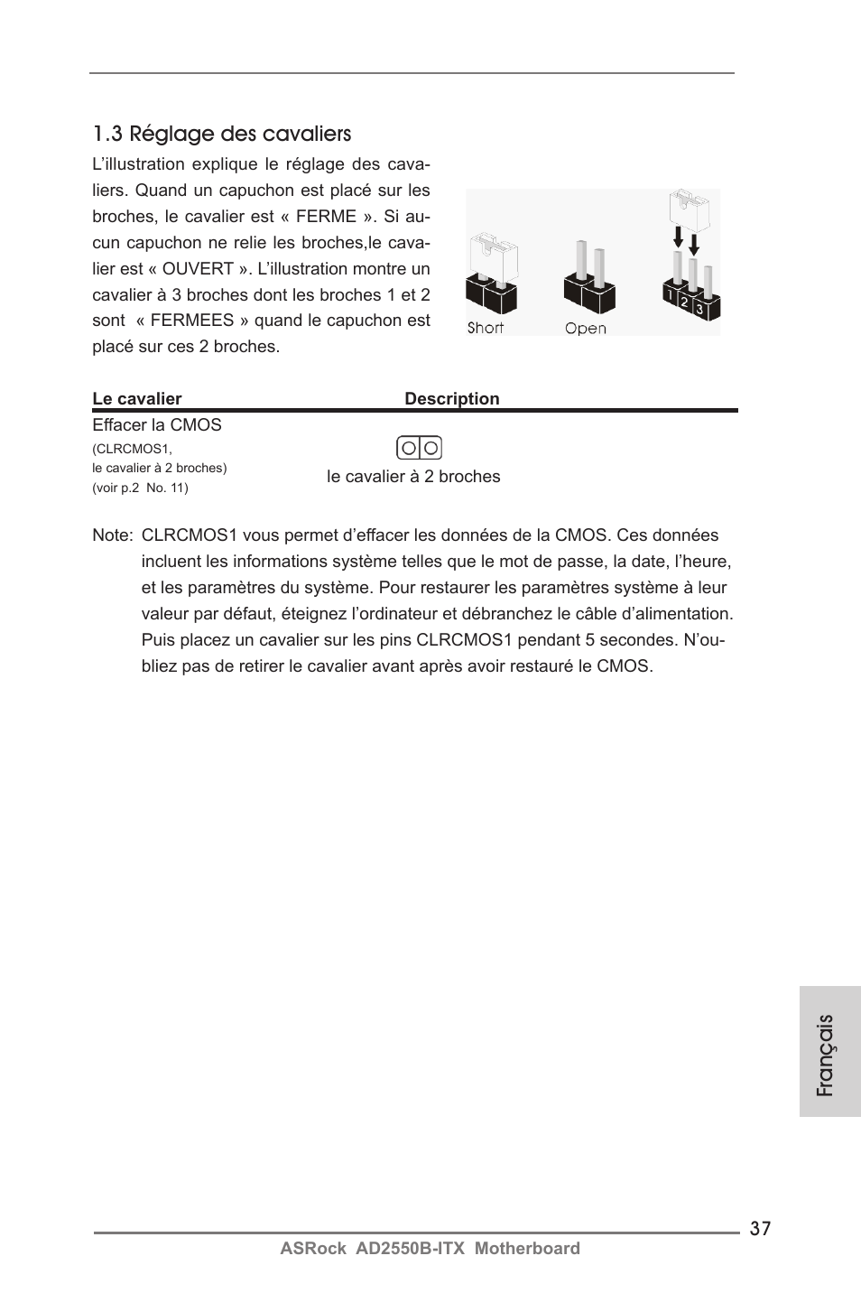 Français 1.3 réglage des cavaliers | ASRock AD2550B-ITX User Manual | Page 37 / 140