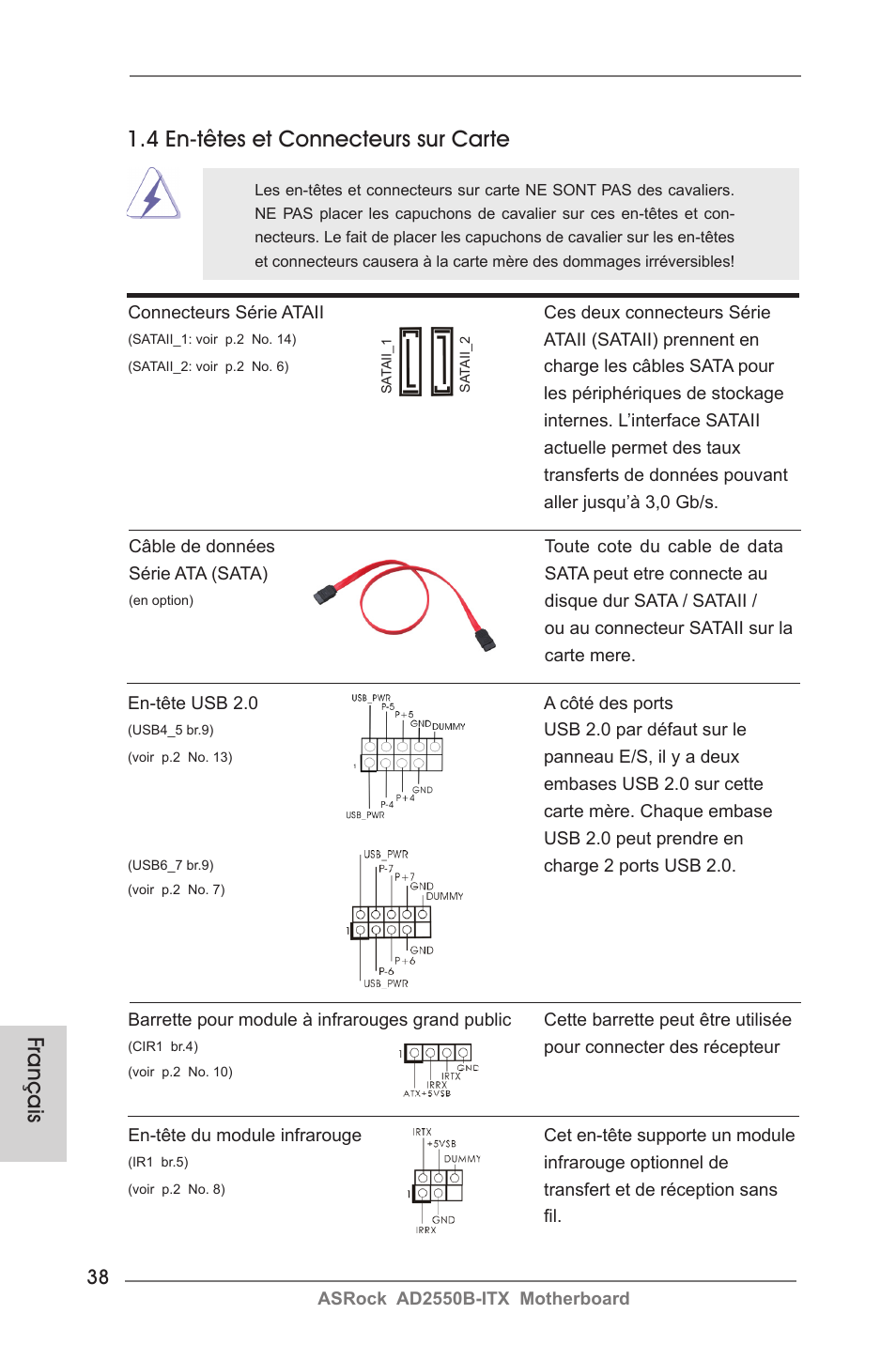Français 1.4 en-têtes et connecteurs sur carte | ASRock AD2550B-ITX User Manual | Page 38 / 140