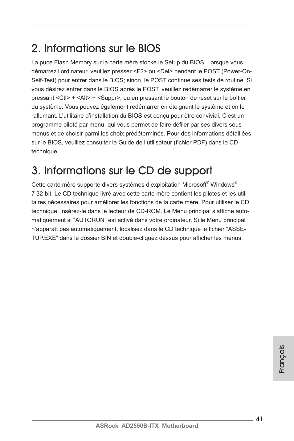 Informations sur le bios, Informations sur le cd de support | ASRock AD2550B-ITX User Manual | Page 41 / 140