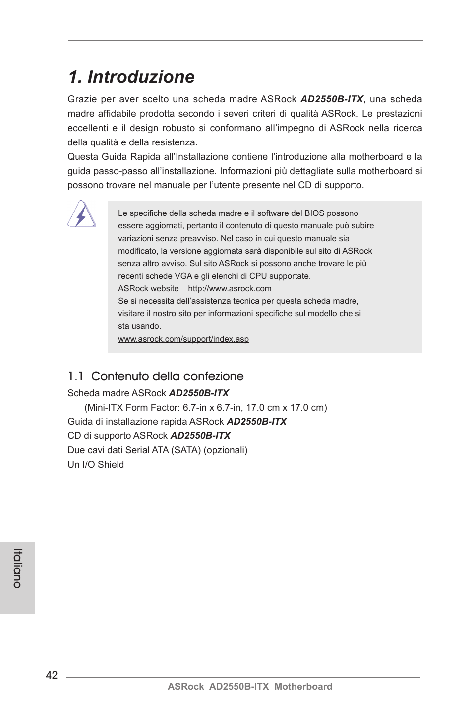 Italian, Introduzione, 1 contenuto della confezione | Italiano | ASRock AD2550B-ITX User Manual | Page 42 / 140