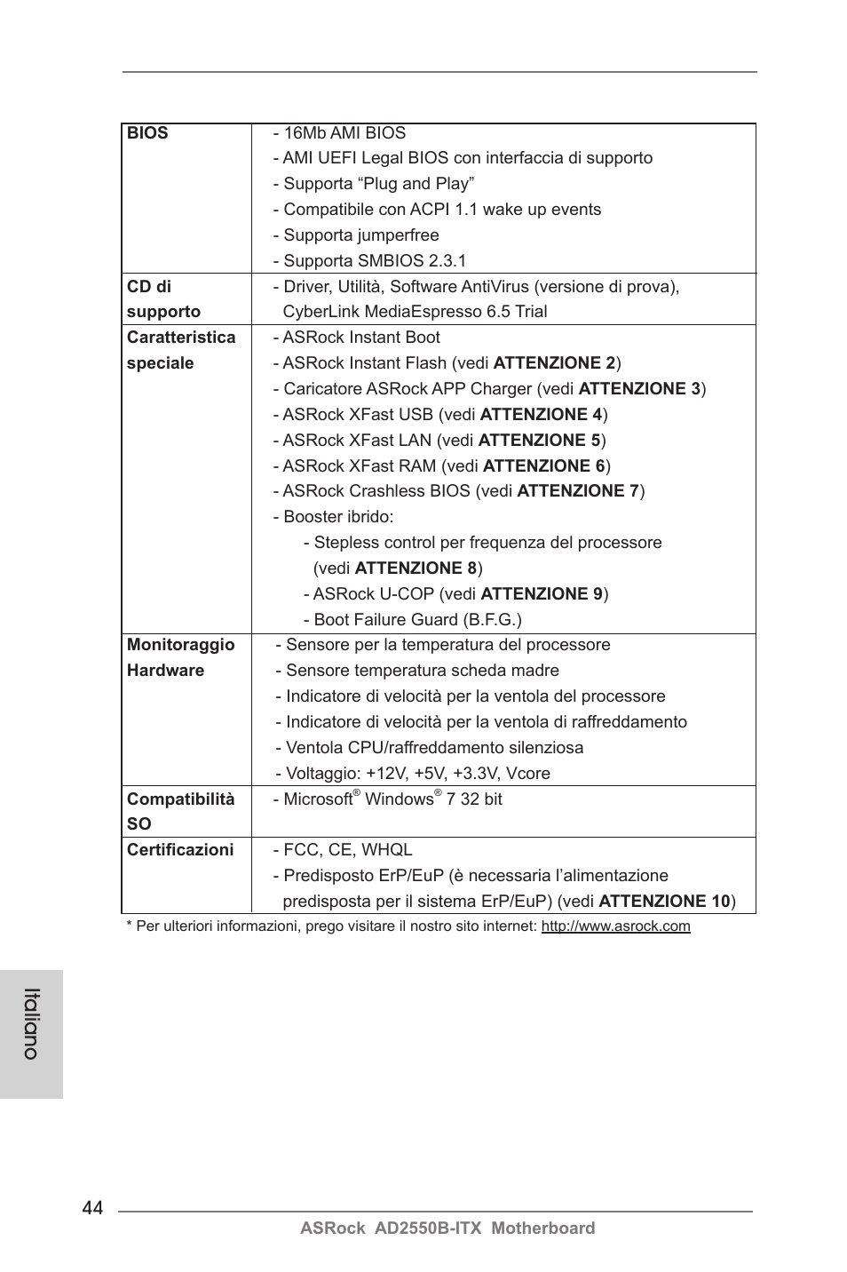 Italiano | ASRock AD2550B-ITX User Manual | Page 44 / 140
