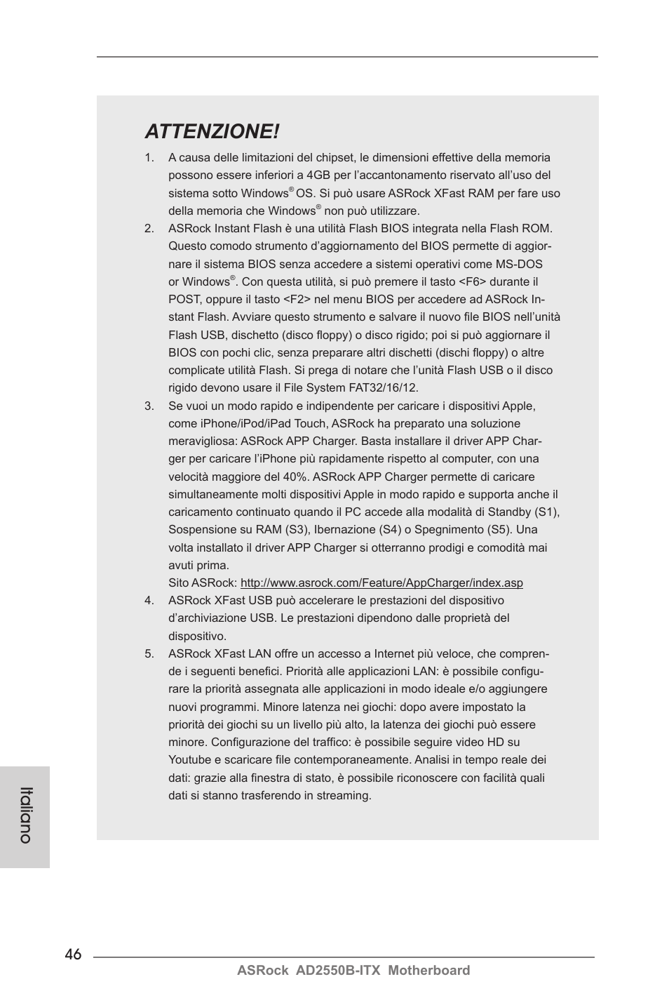 Attenzione, Italiano | ASRock AD2550B-ITX User Manual | Page 46 / 140