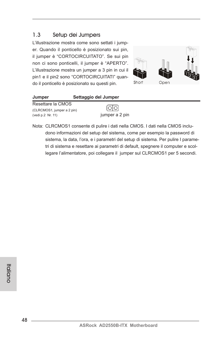 Italiano 1.3 setup dei jumpers | ASRock AD2550B-ITX User Manual | Page 48 / 140