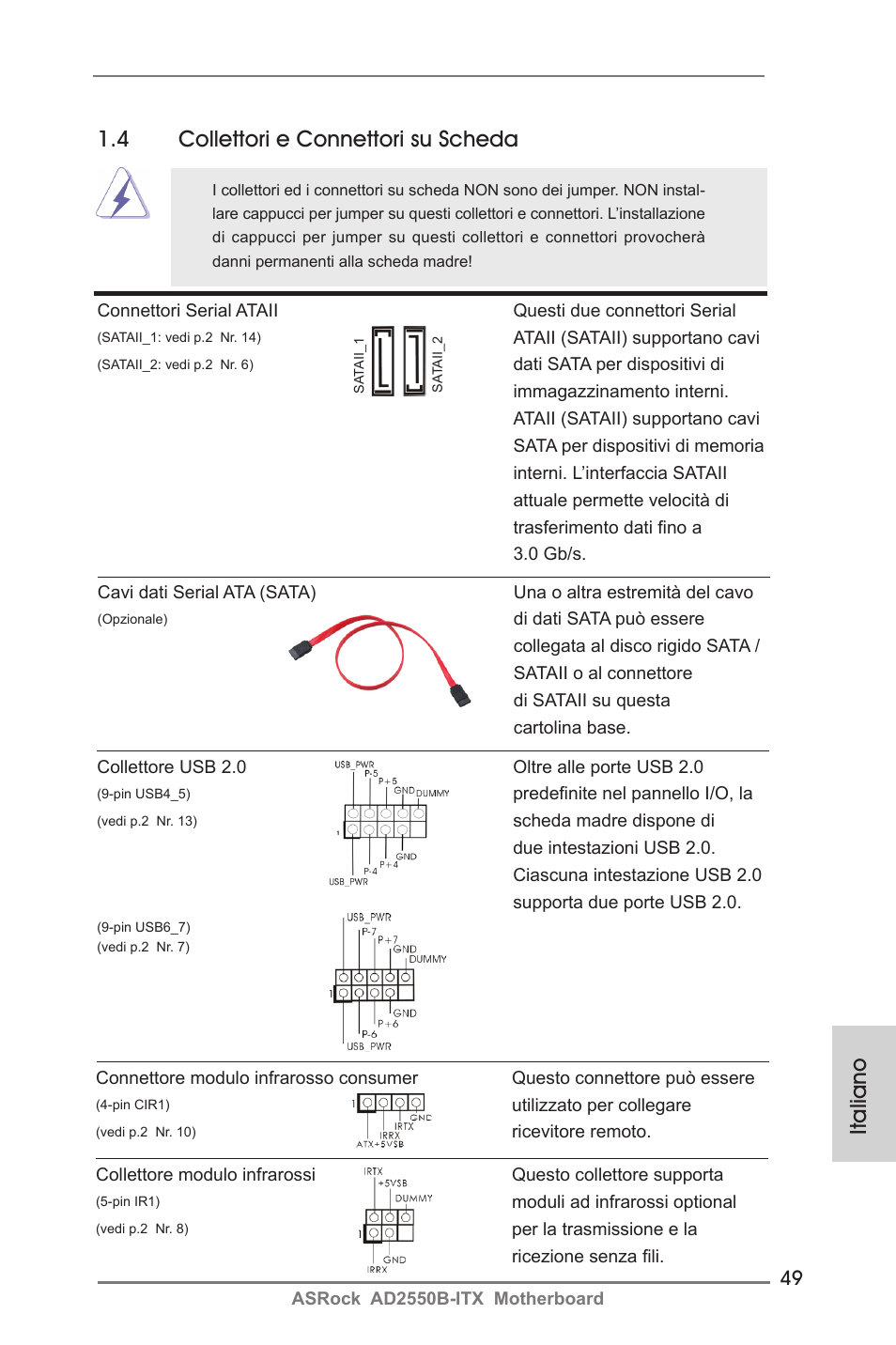 Italiano, 4 collettori e connettori su scheda | ASRock AD2550B-ITX User Manual | Page 49 / 140