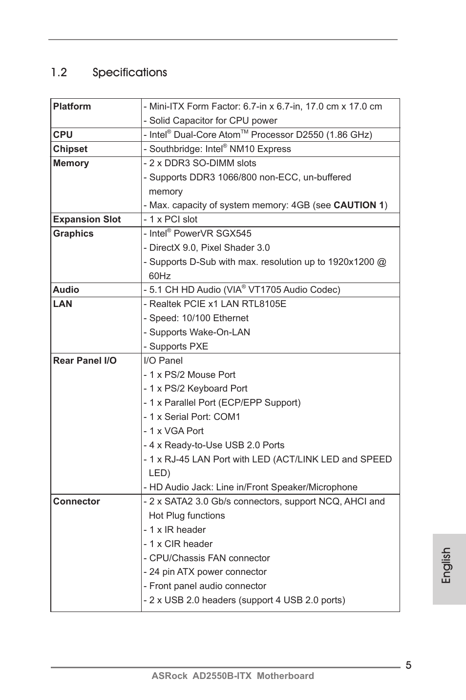 English 1.2 specifications | ASRock AD2550B-ITX User Manual | Page 5 / 140
