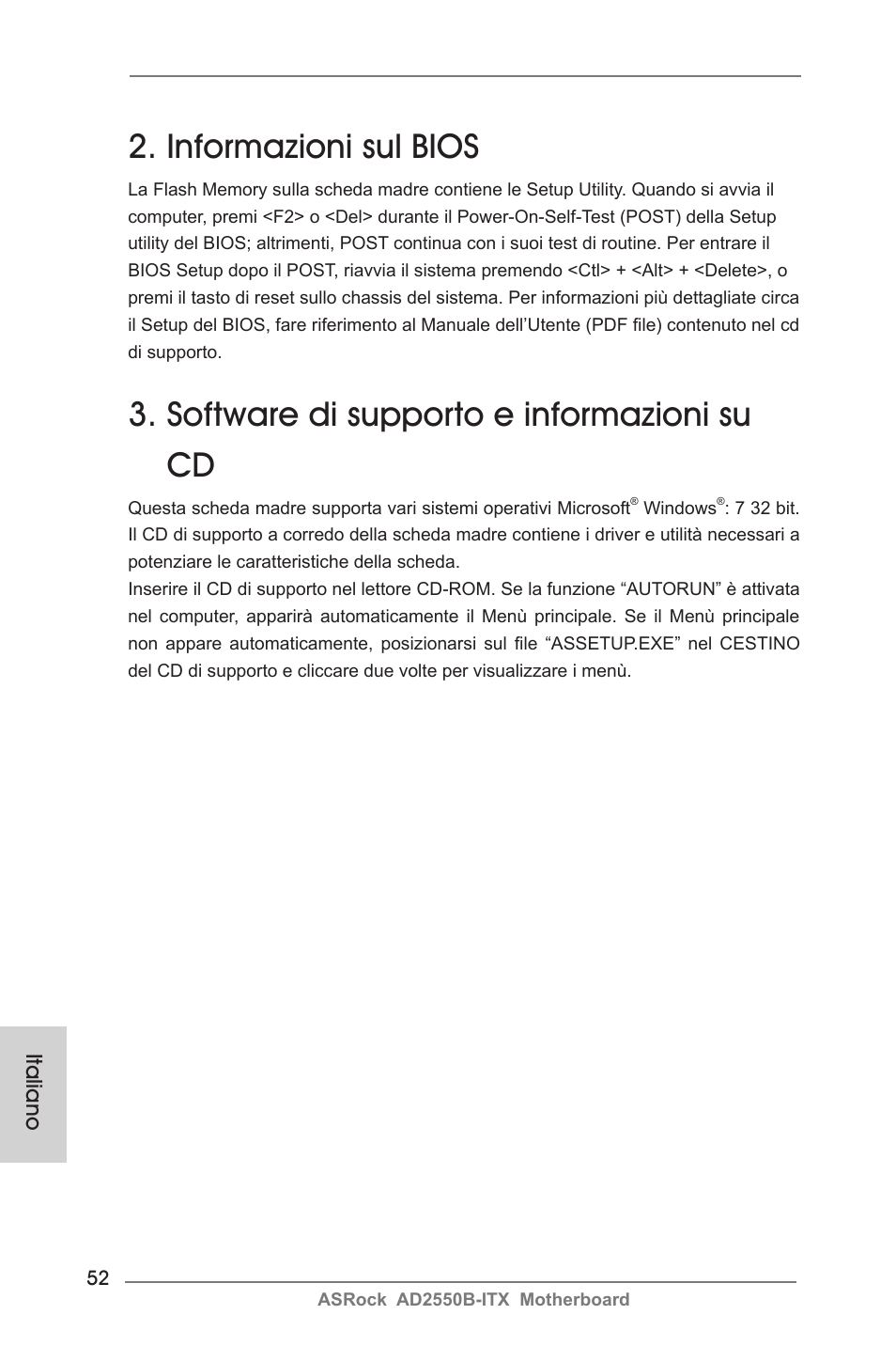 Informazioni sul bios, Software di supporto e informazioni su cd | ASRock AD2550B-ITX User Manual | Page 52 / 140