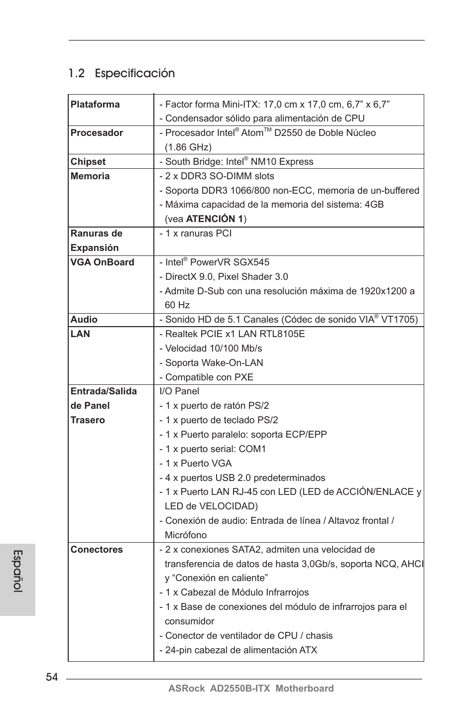 2 especificación, Español | ASRock AD2550B-ITX User Manual | Page 54 / 140