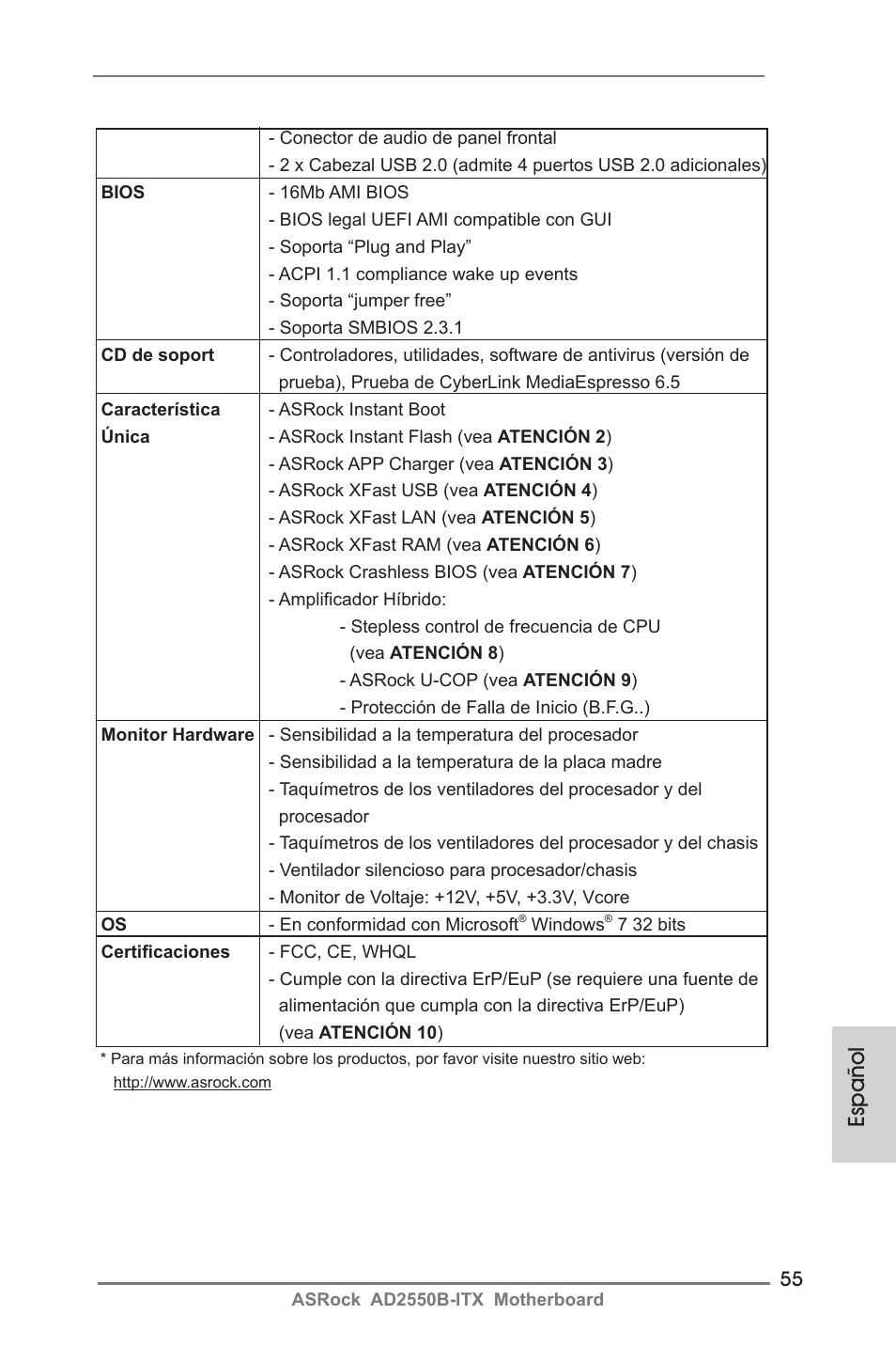 Español | ASRock AD2550B-ITX User Manual | Page 55 / 140