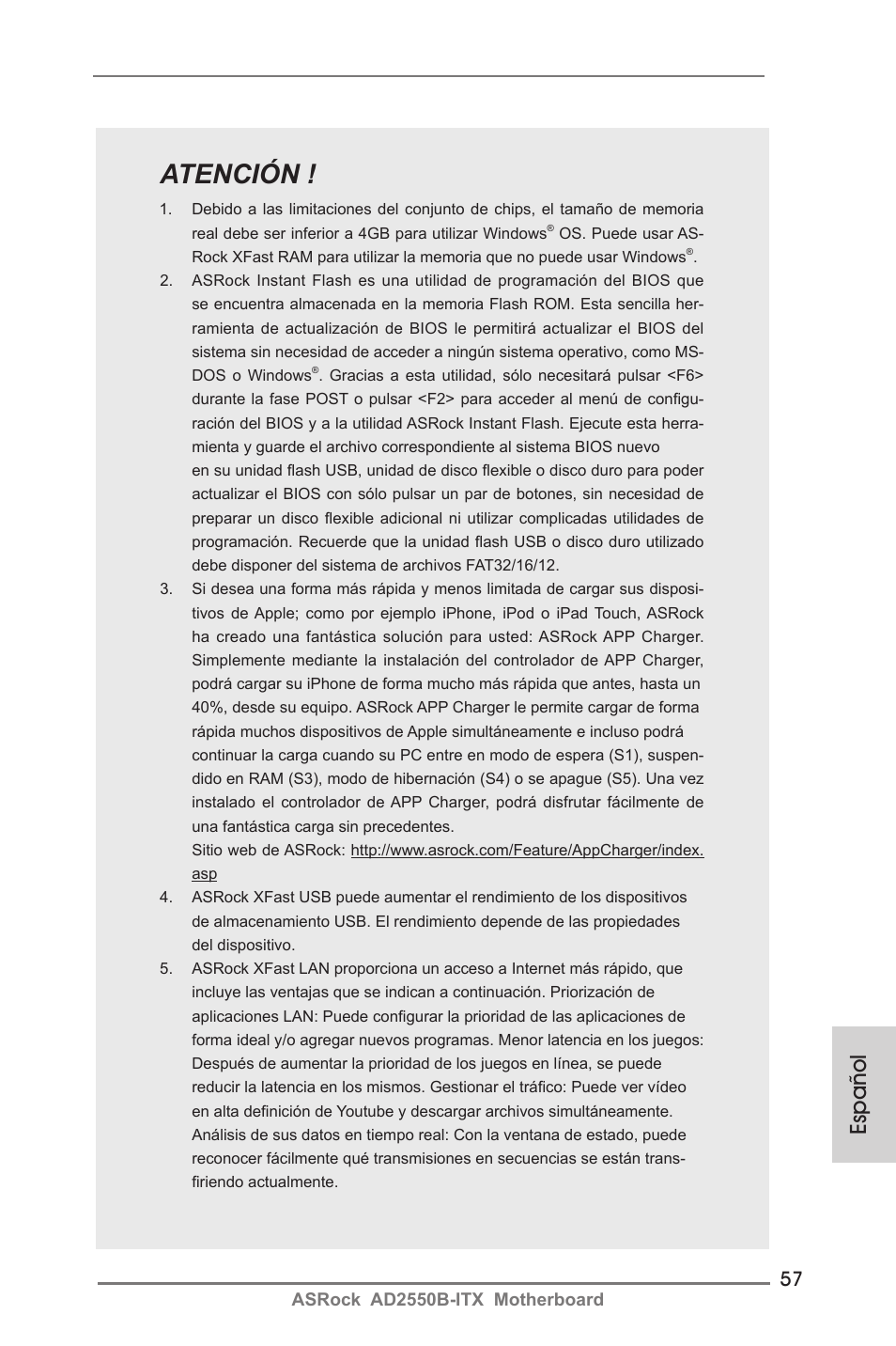 Atención, Español | ASRock AD2550B-ITX User Manual | Page 57 / 140