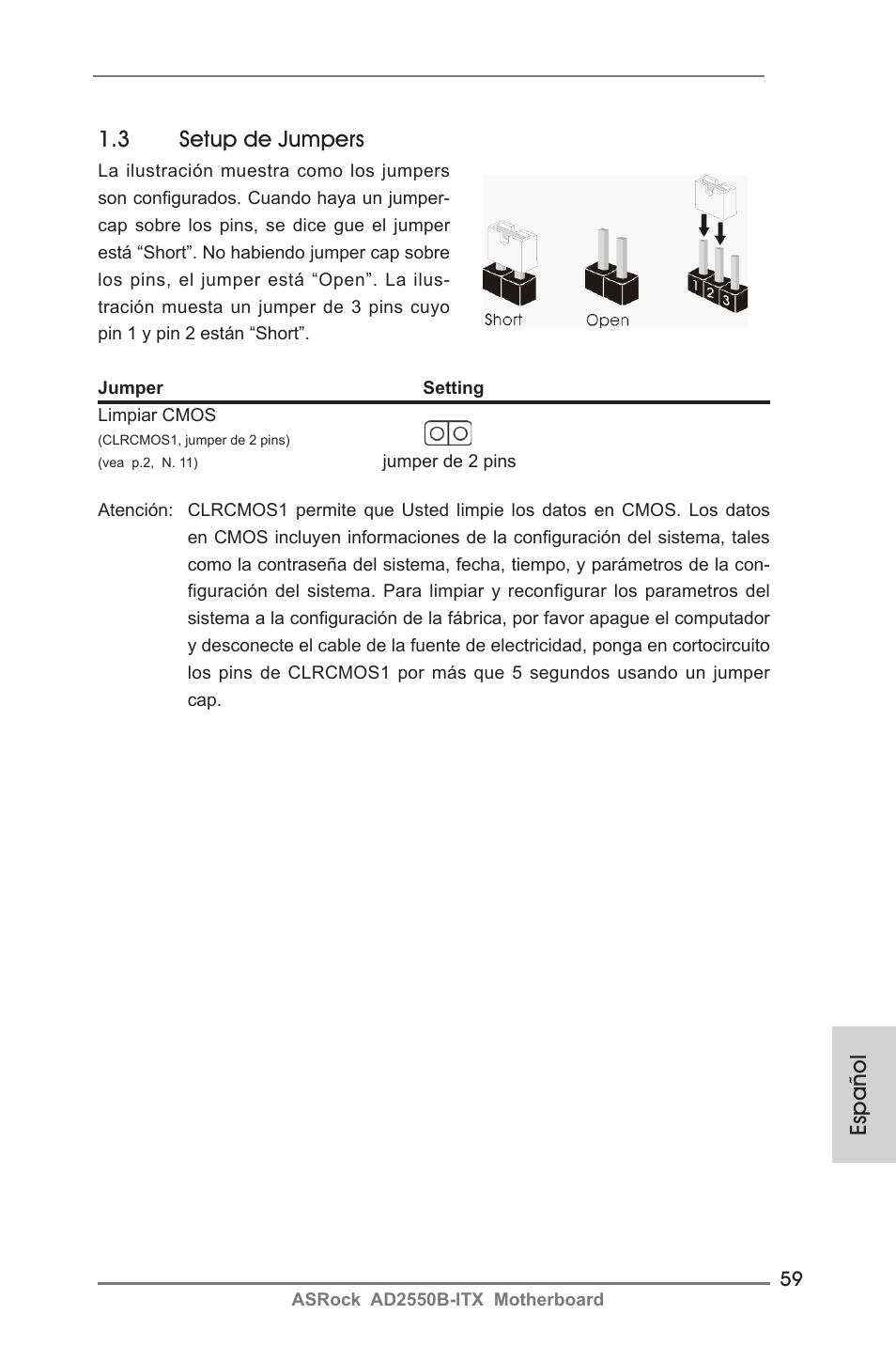 Español 1.3 setup de jumpers | ASRock AD2550B-ITX User Manual | Page 59 / 140