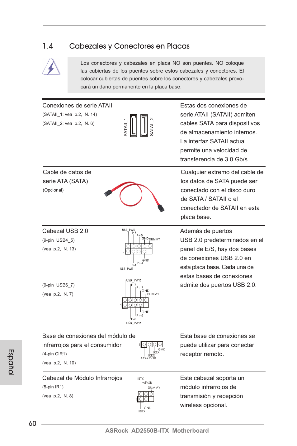 Español 1.4 cabezales y conectores en placas | ASRock AD2550B-ITX User Manual | Page 60 / 140