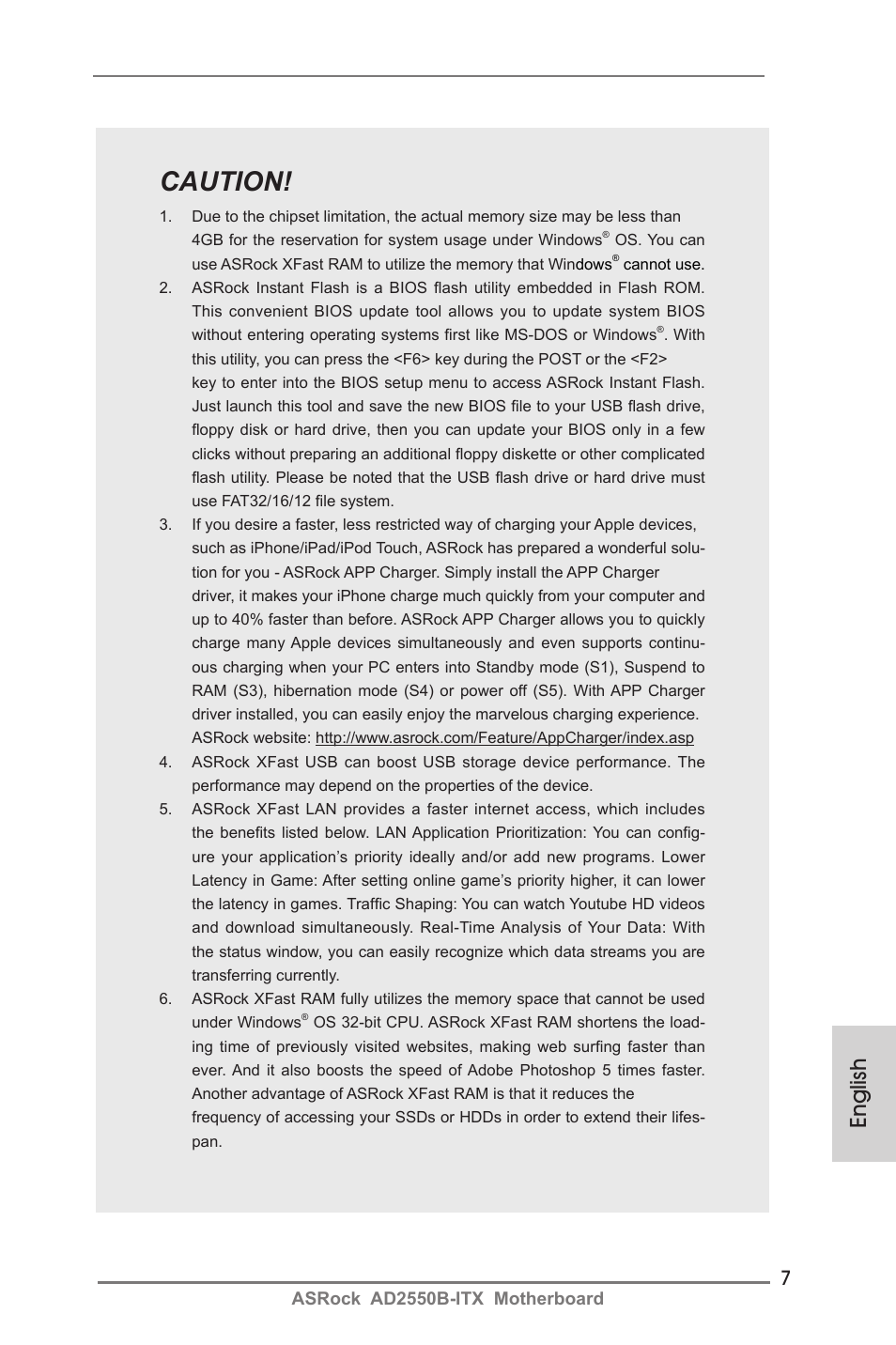 Caution, English | ASRock AD2550B-ITX User Manual | Page 7 / 140