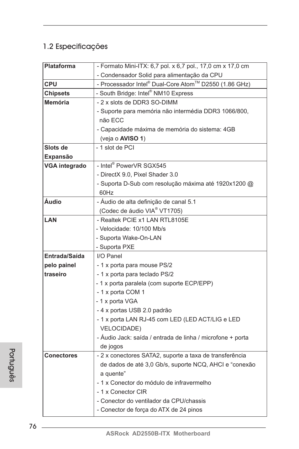 2 especificações, Por tuguês | ASRock AD2550B-ITX User Manual | Page 76 / 140