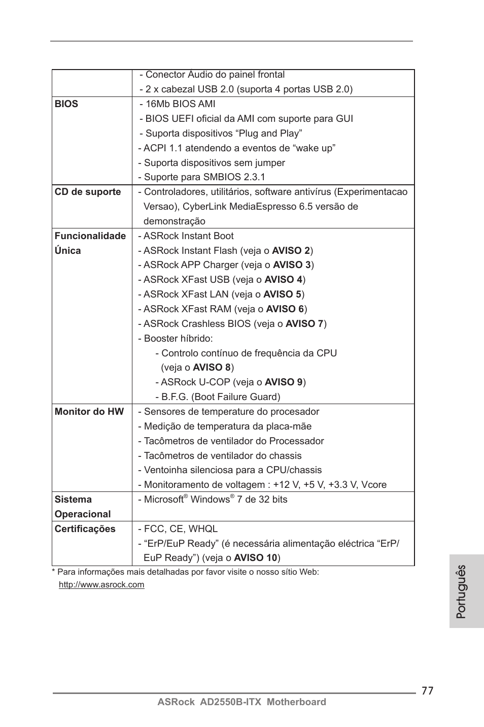 Por tuguês | ASRock AD2550B-ITX User Manual | Page 77 / 140
