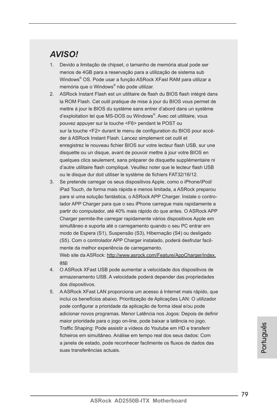 Aviso, Por tuguês | ASRock AD2550B-ITX User Manual | Page 79 / 140