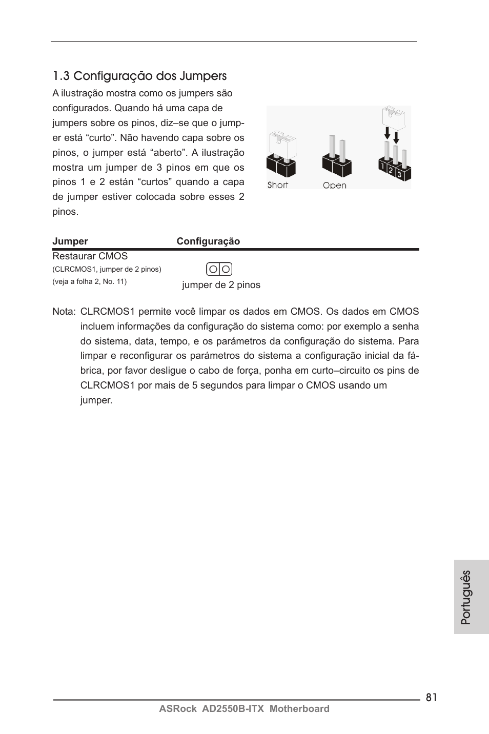 Por tuguês 1.3 configuração dos jumpers | ASRock AD2550B-ITX User Manual | Page 81 / 140