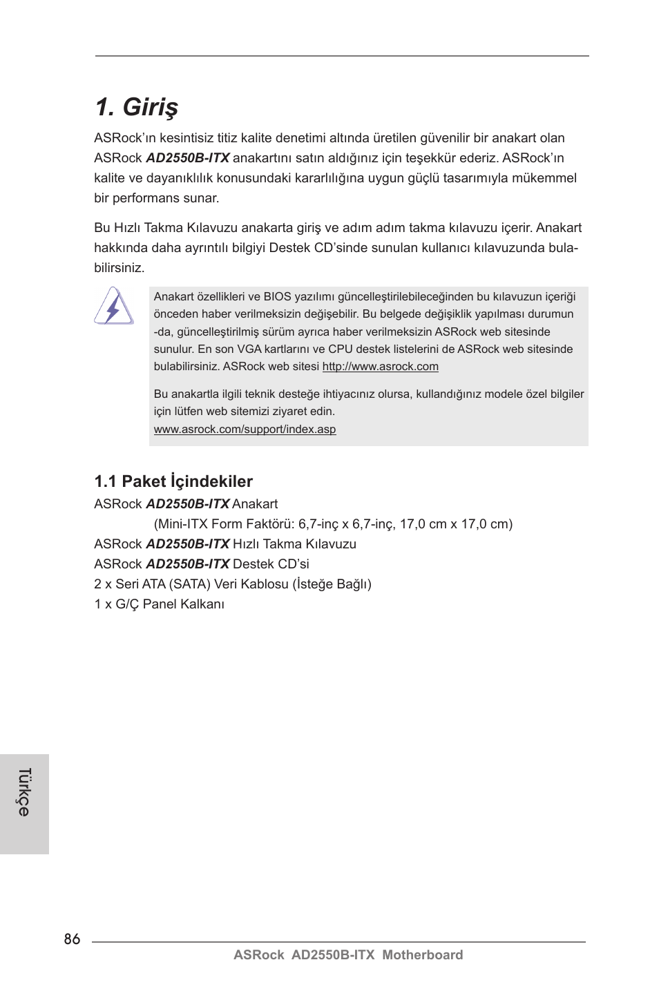 Turkish, Giriş, 1 paket içindekiler | Türkçe | ASRock AD2550B-ITX User Manual | Page 86 / 140