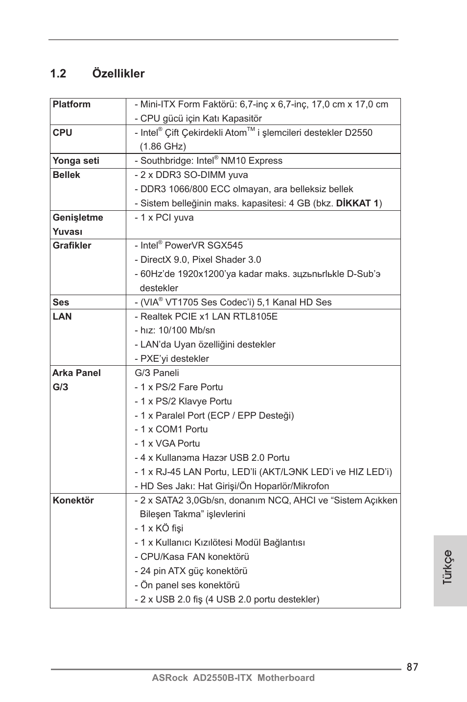Türkçe 1.2 özellikler | ASRock AD2550B-ITX User Manual | Page 87 / 140