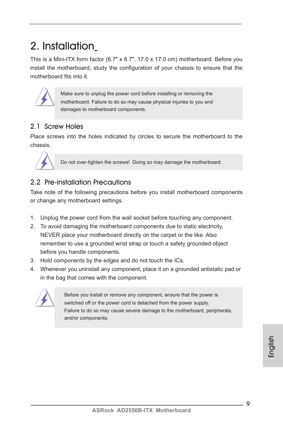 Installation, English, 1 screw holes | 2 pre-installation precautions | ASRock AD2550B-ITX User Manual | Page 9 / 140