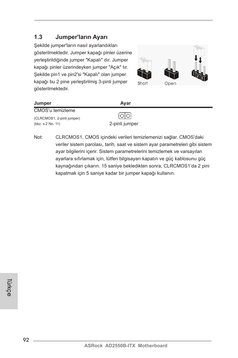 3 jumper'ların ayarı, Türkçe | ASRock AD2550B-ITX User Manual | Page 92 / 140