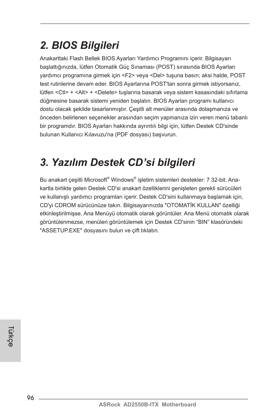Bios bilgileri, Yazılım destek cd’si bilgileri, Türkçe | ASRock AD2550B-ITX User Manual | Page 96 / 140