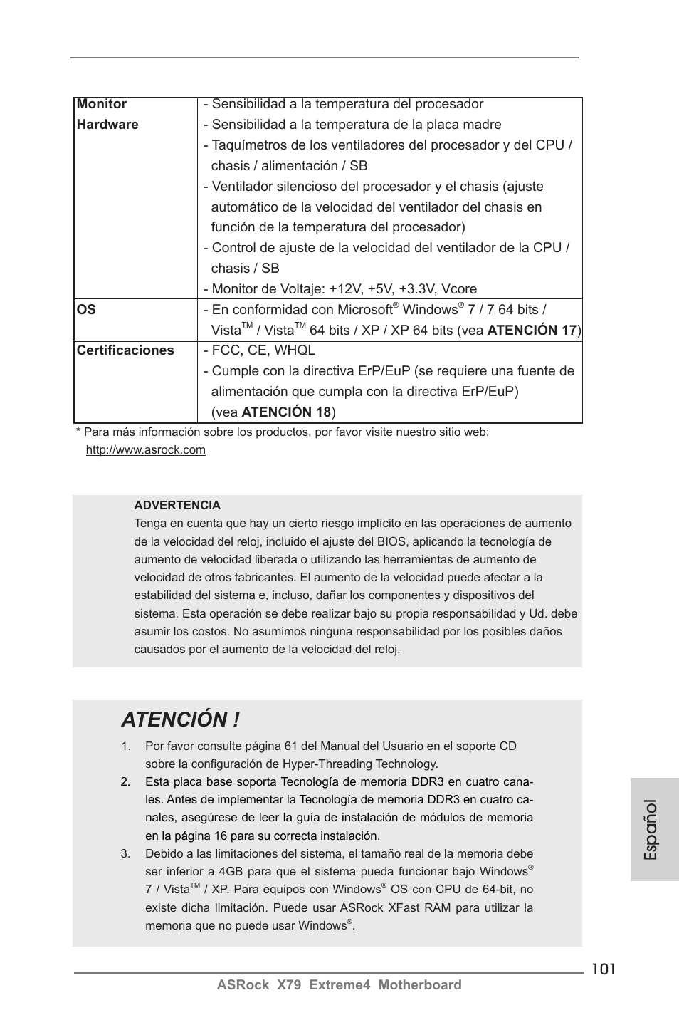 Atención, Español | ASRock X79 Extreme4 User Manual | Page 101 / 218