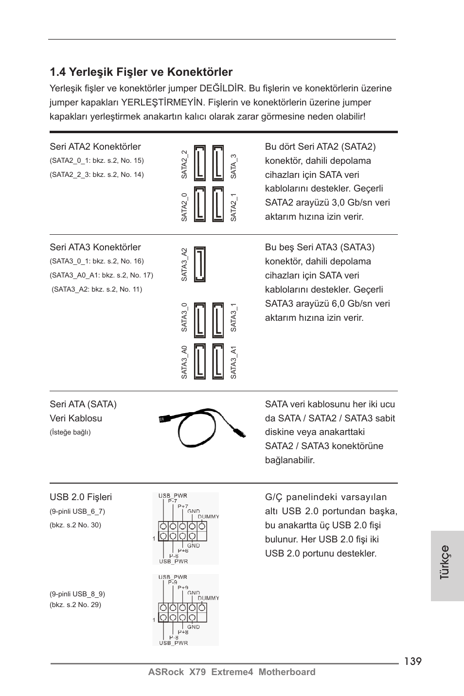 Türkçe 1.4 yerleşik fişler ve konektörler | ASRock X79 Extreme4 User Manual | Page 139 / 218