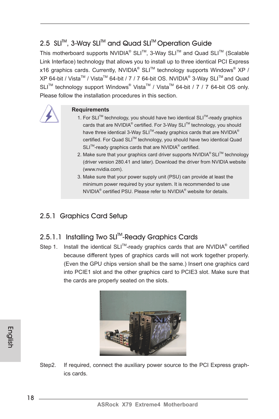 English 2.5 sli, Way sli, And quad sli | Operation guide, Ready graphics cards | ASRock X79 Extreme4 User Manual | Page 18 / 218