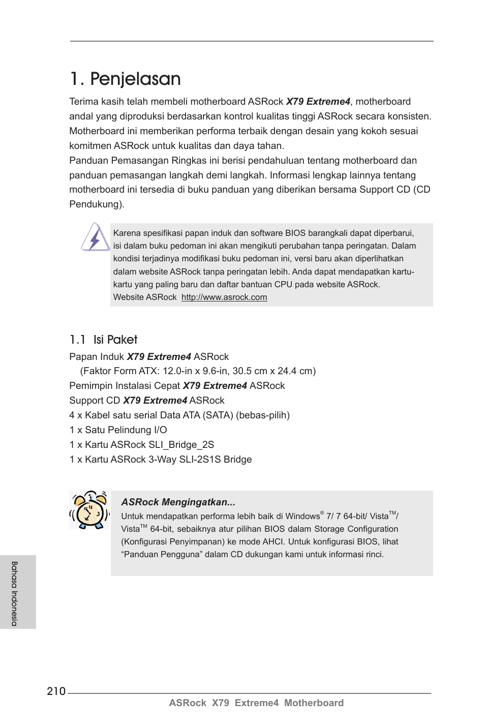 Indonesian, Penjelasan, 1 isi paket | ASRock X79 Extreme4 User Manual | Page 210 / 218