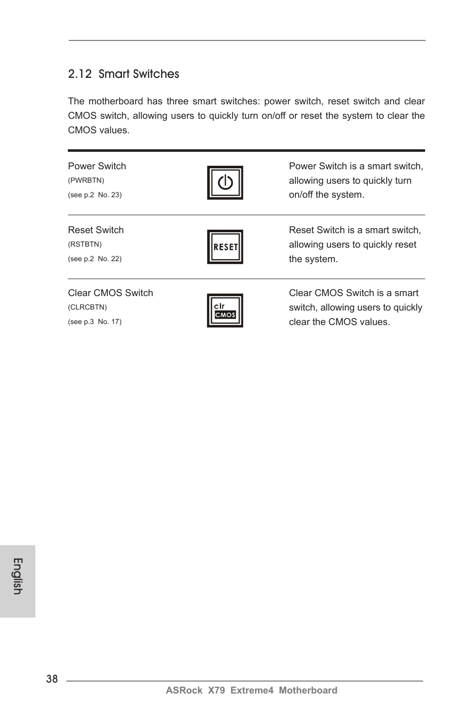 English, 12 smart switches | ASRock X79 Extreme4 User Manual | Page 38 / 218