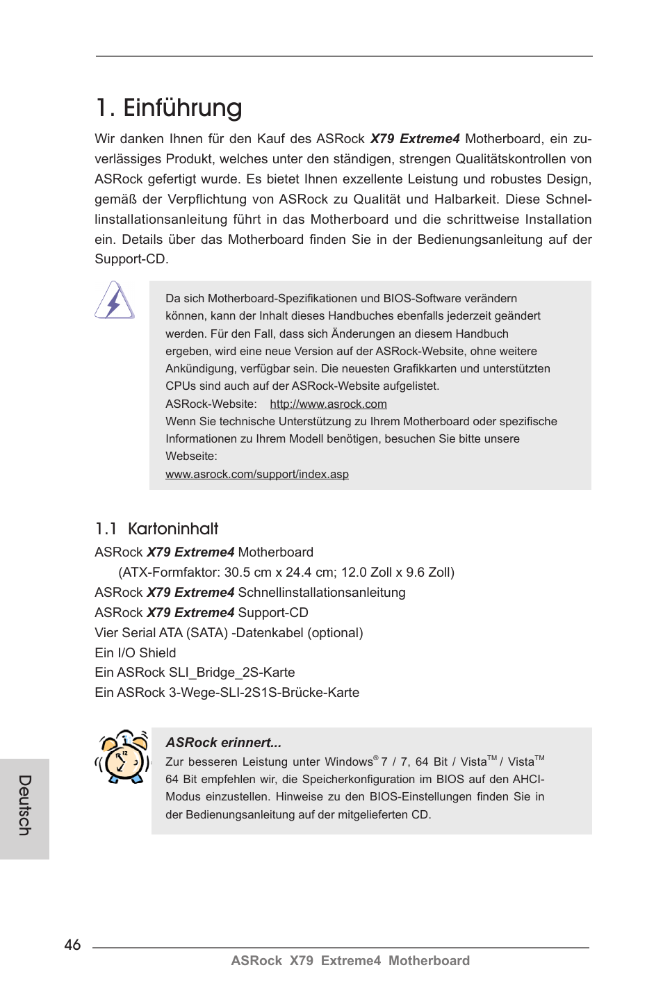 German, Einführung, 1 kartoninhalt | Deutsch | ASRock X79 Extreme4 User Manual | Page 46 / 218