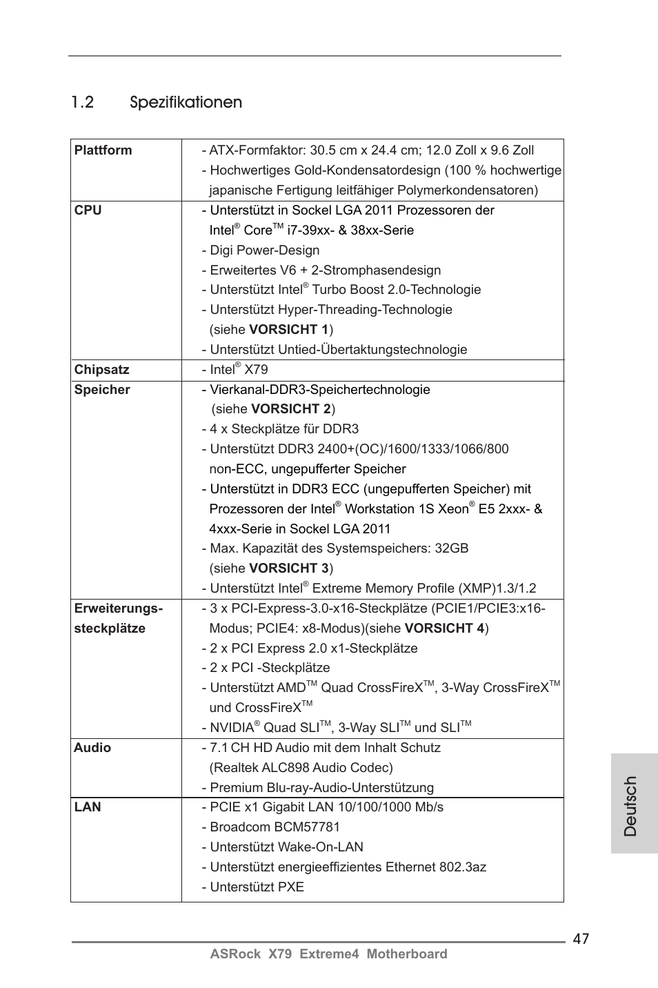 Deutsch 1.2 spezifikationen | ASRock X79 Extreme4 User Manual | Page 47 / 218
