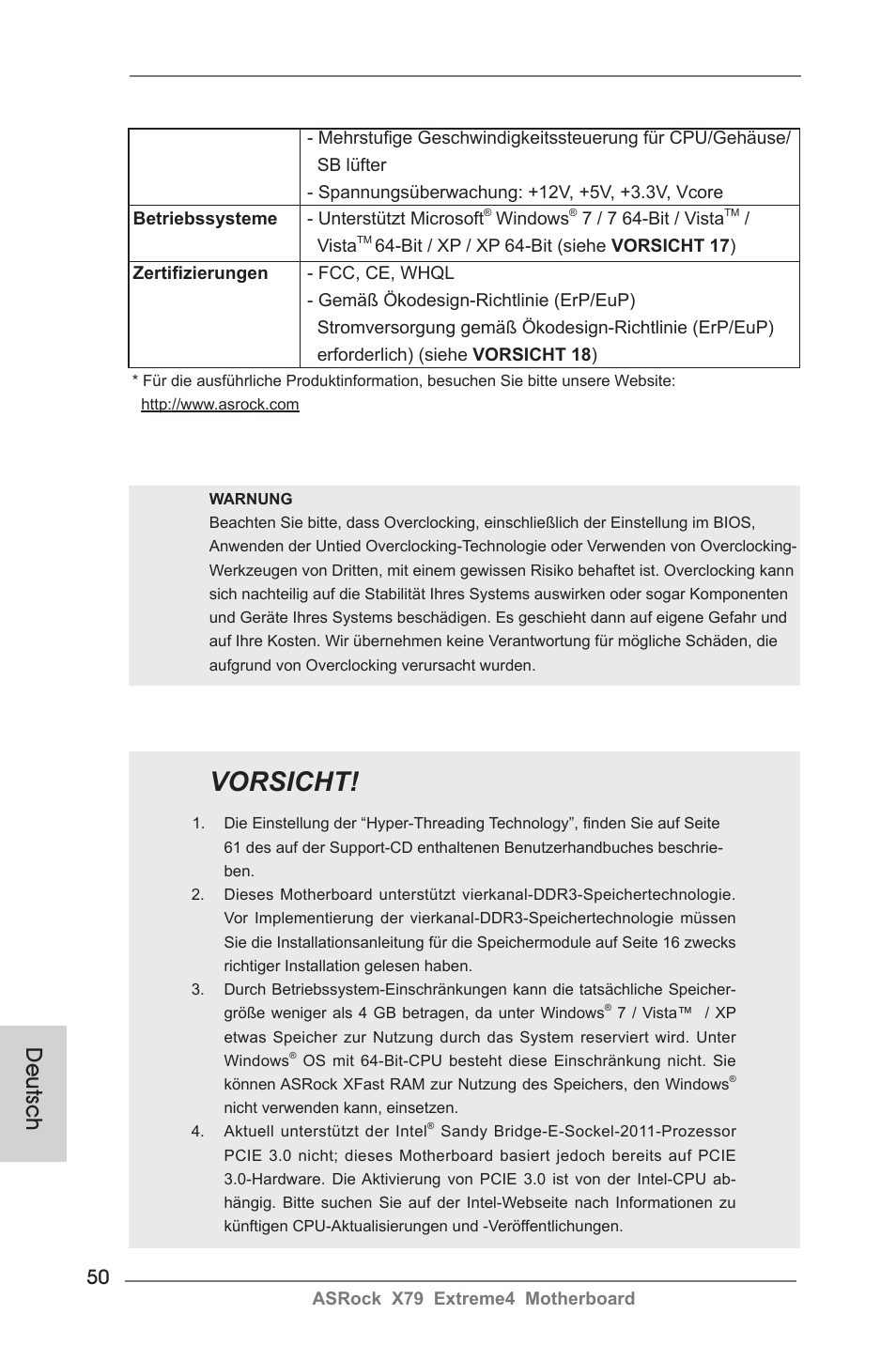 Vorsicht, Deutsch | ASRock X79 Extreme4 User Manual | Page 50 / 218