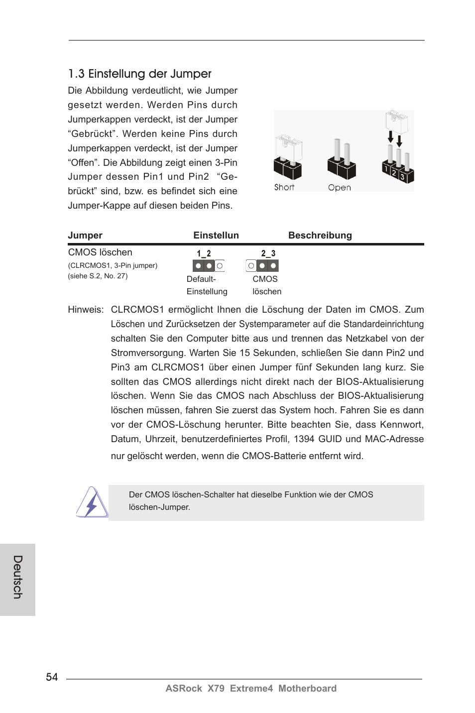 Deutsch 1.3 einstellung der jumper | ASRock X79 Extreme4 User Manual | Page 54 / 218